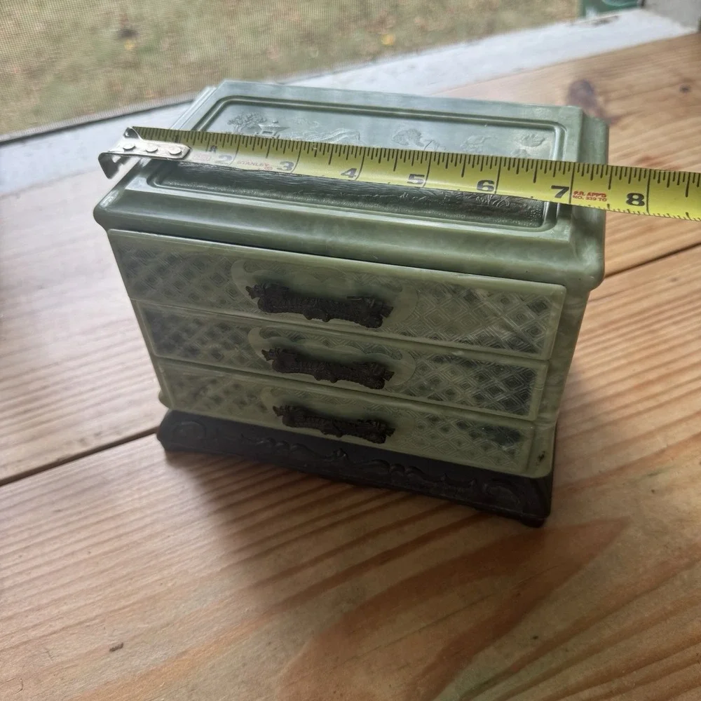 Vintage Faux Jade Chinoiserie Jewelry Box | 3-Drawer‎ Dragon Pulls | Mid Century
